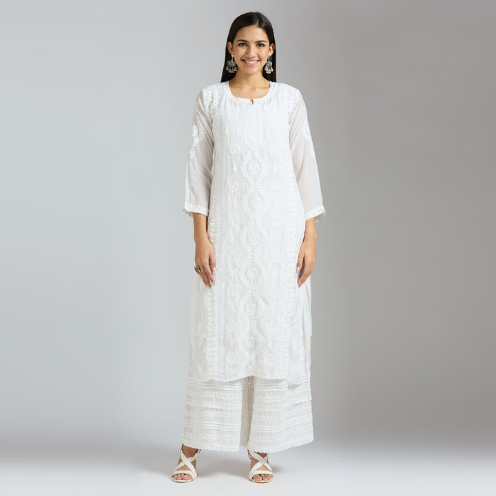 NAAZIA  MUSLIN CHIKANKARI LONG KURTI