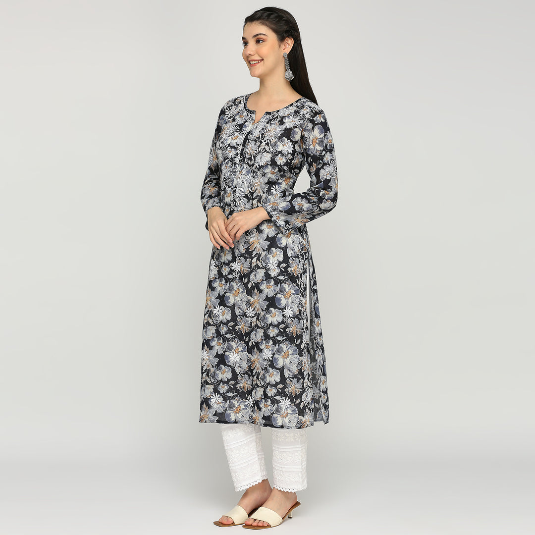 MUL COTTON CHIKANKARI PRINTED LONG KURTI