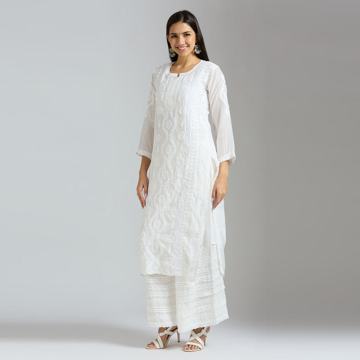 NAAZIA  MUSLIN CHIKANKARI LONG KURTI