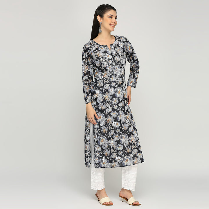 MUL COTTON CHIKANKARI PRINTED LONG KURTI