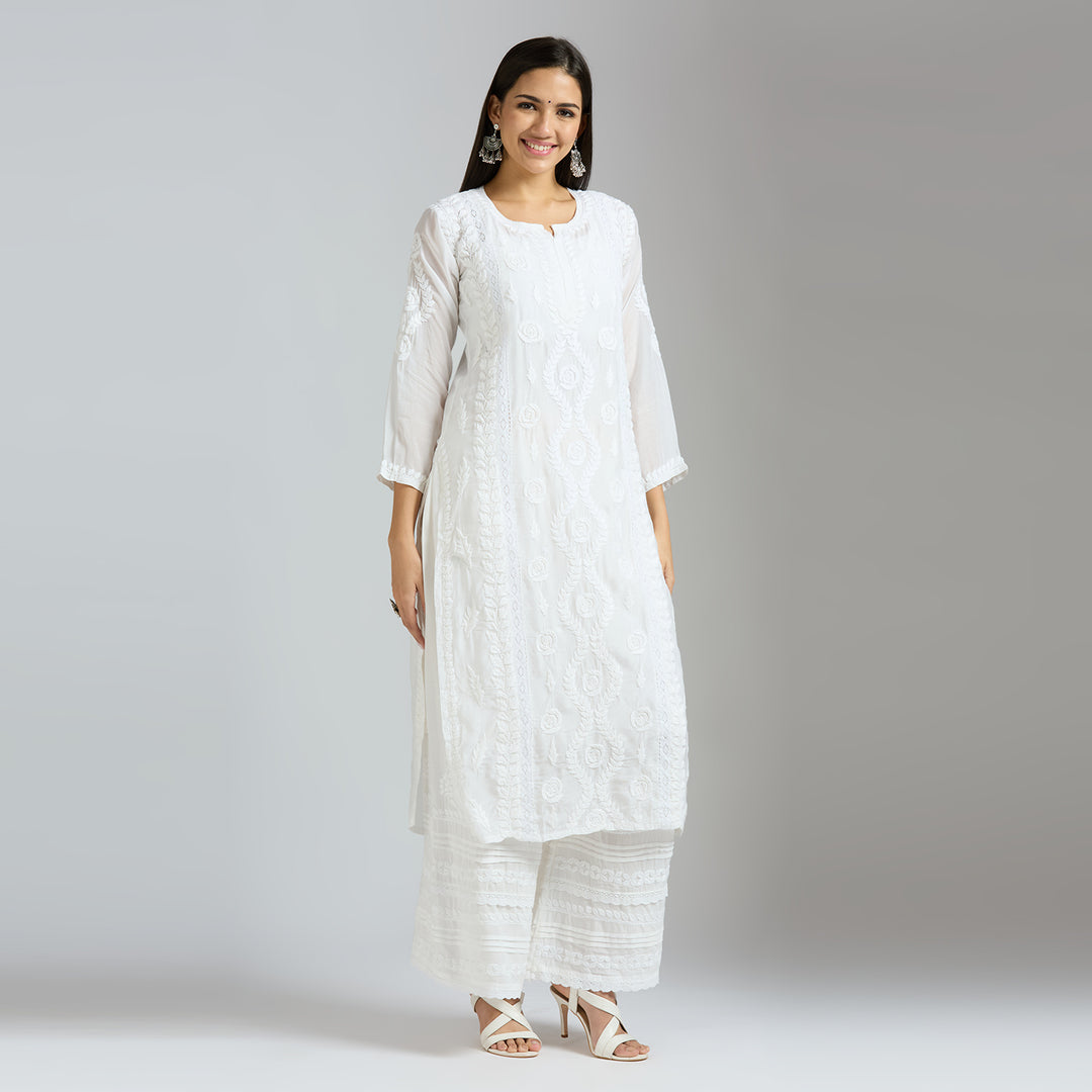 NAAZIA  MUSLIN CHIKANKARI LONG KURTI