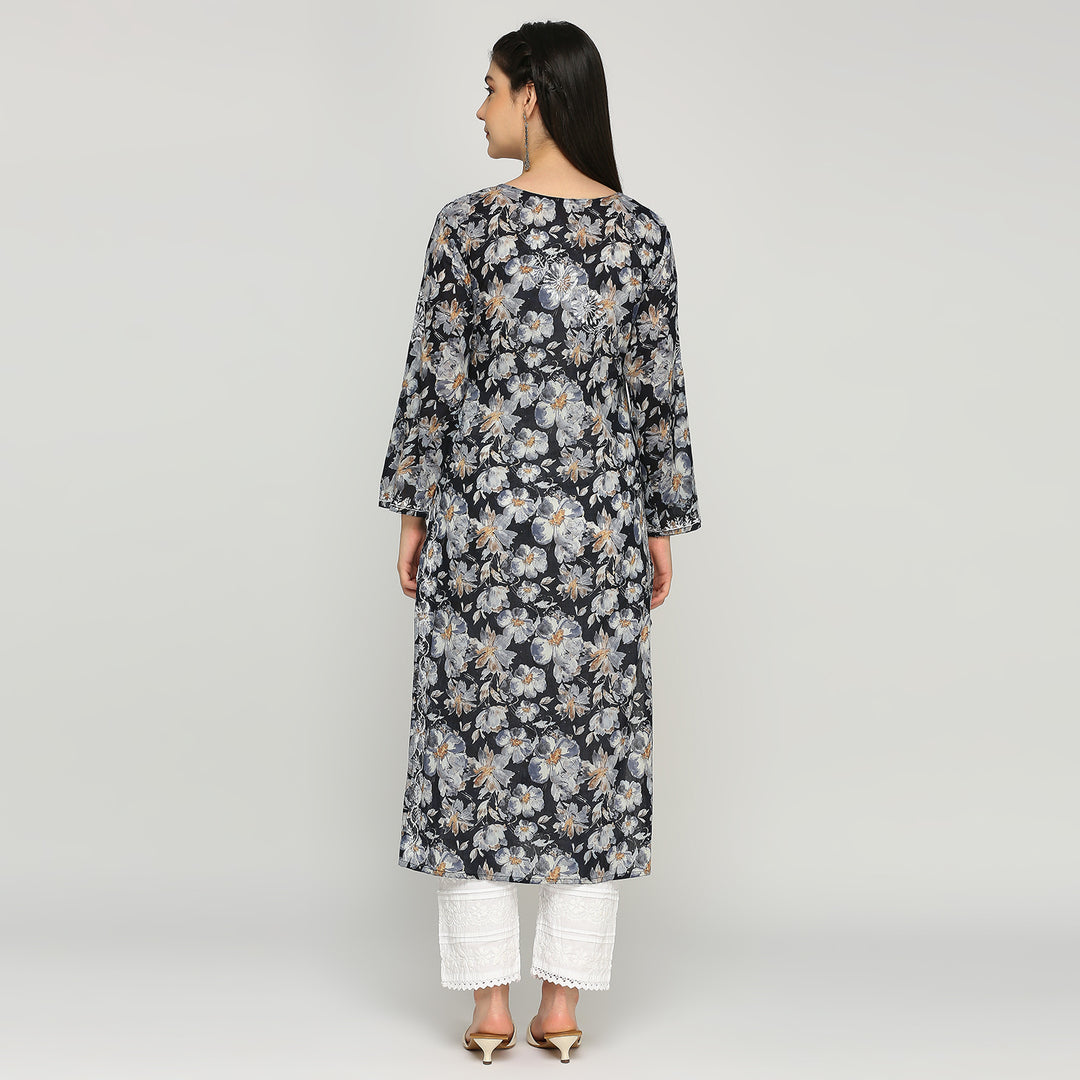 MUL COTTON CHIKANKARI PRINTED LONG KURTI