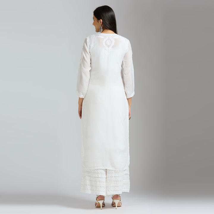 NAAZIA  MUSLIN CHIKANKARI LONG KURTI