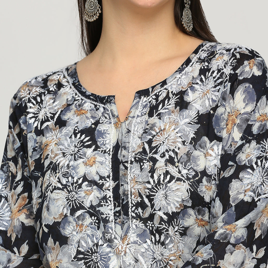 MUL COTTON CHIKANKARI PRINTED LONG KURTI