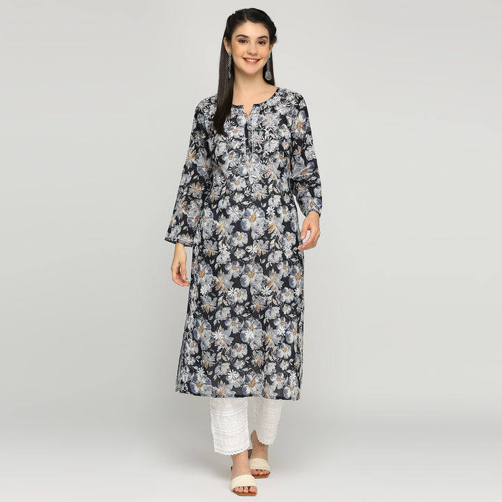 MUL COTTON CHIKANKARI PRINTED LONG KURTI