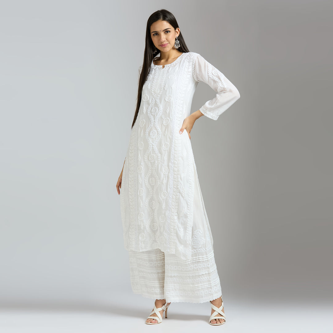 NAAZIA  MUSLIN CHIKANKARI LONG KURTI