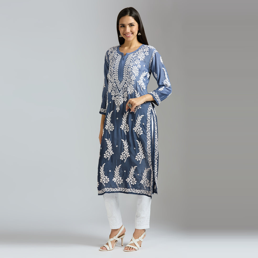 MEHER MODAL SATIN CHIKANKARI LONG KURTI