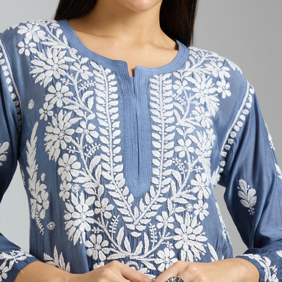 MEHER MODAL SATIN CHIKANKARI LONG KURTI