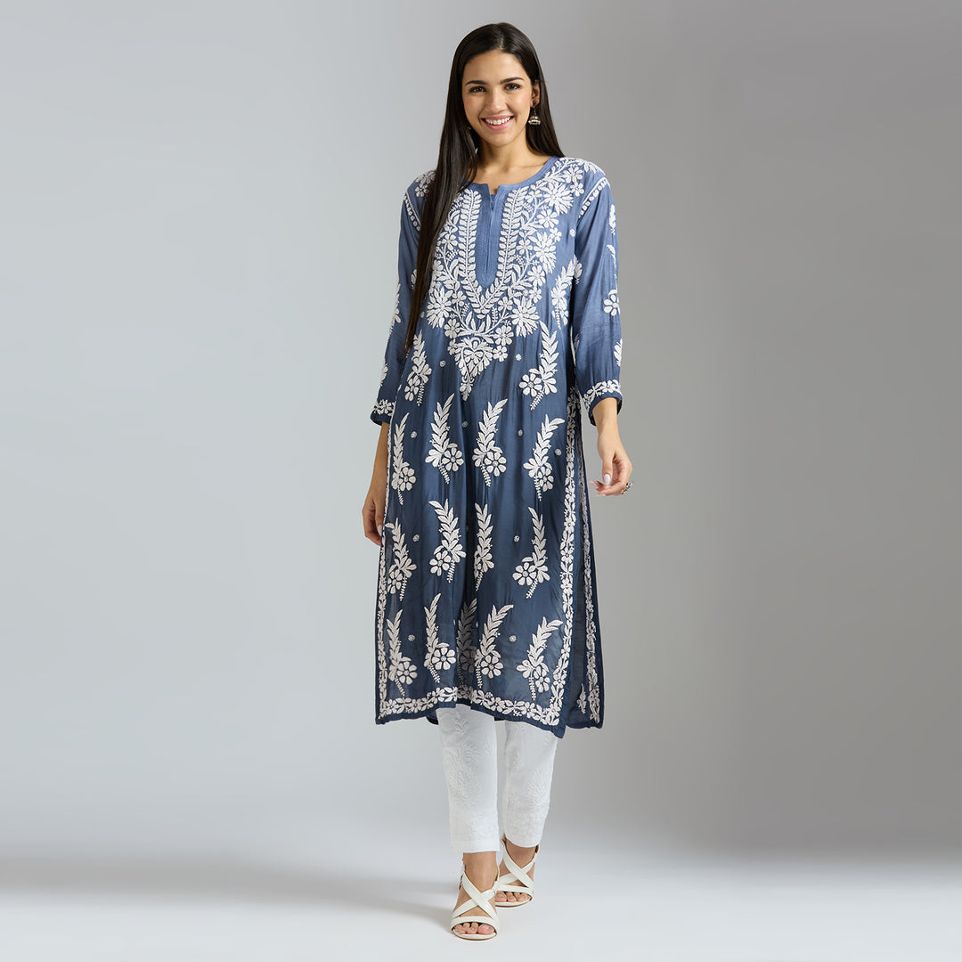 MEHER MODAL SATIN CHIKANKARI LONG KURTI