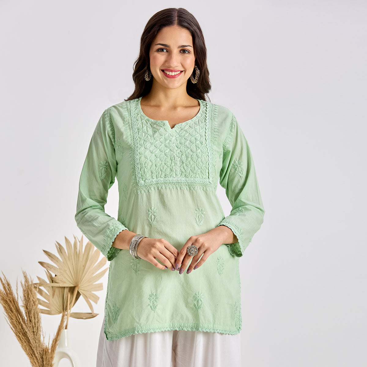 Sobia Cotton Chikankari Short Top Green