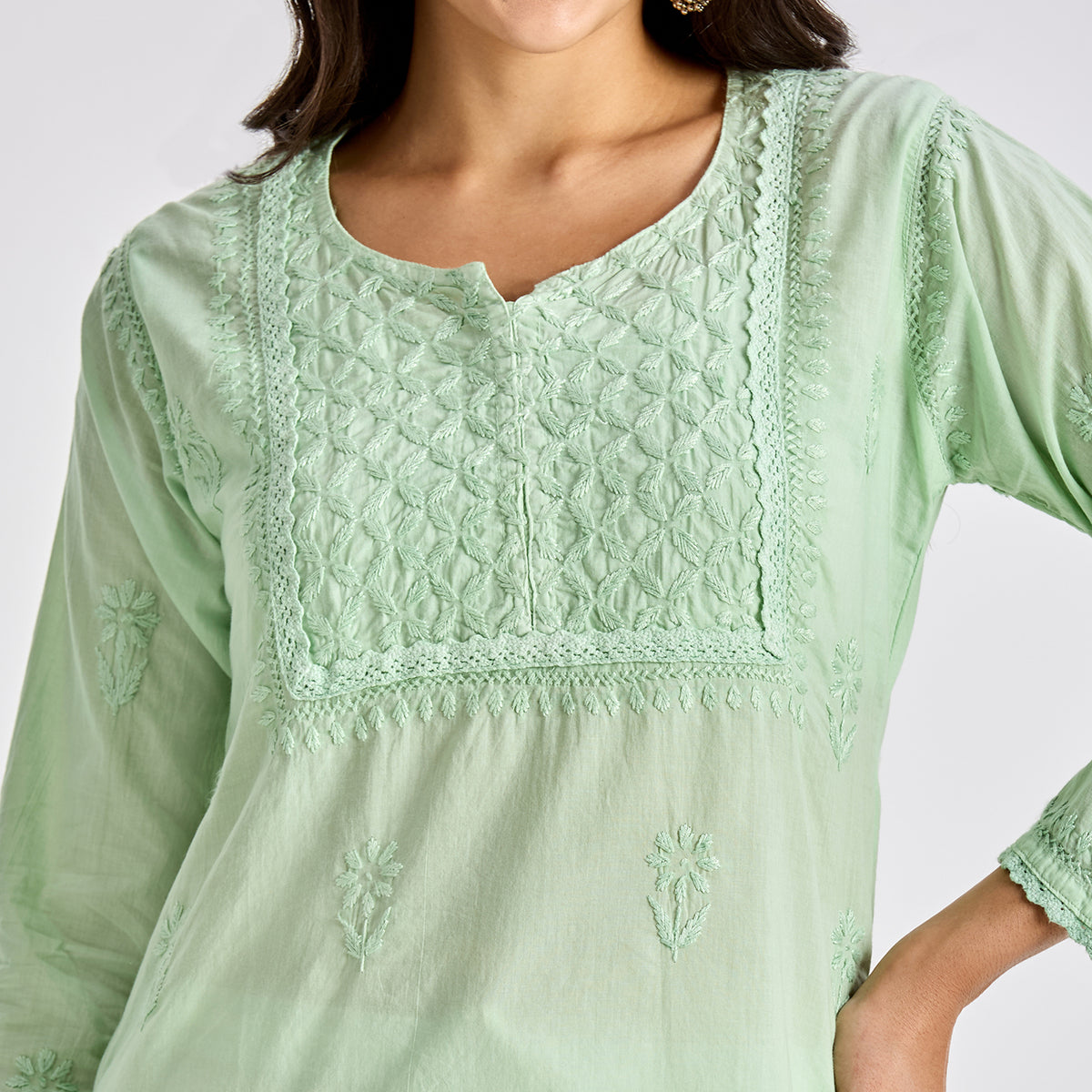 Sobia Cotton Chikankari Short Top Green
