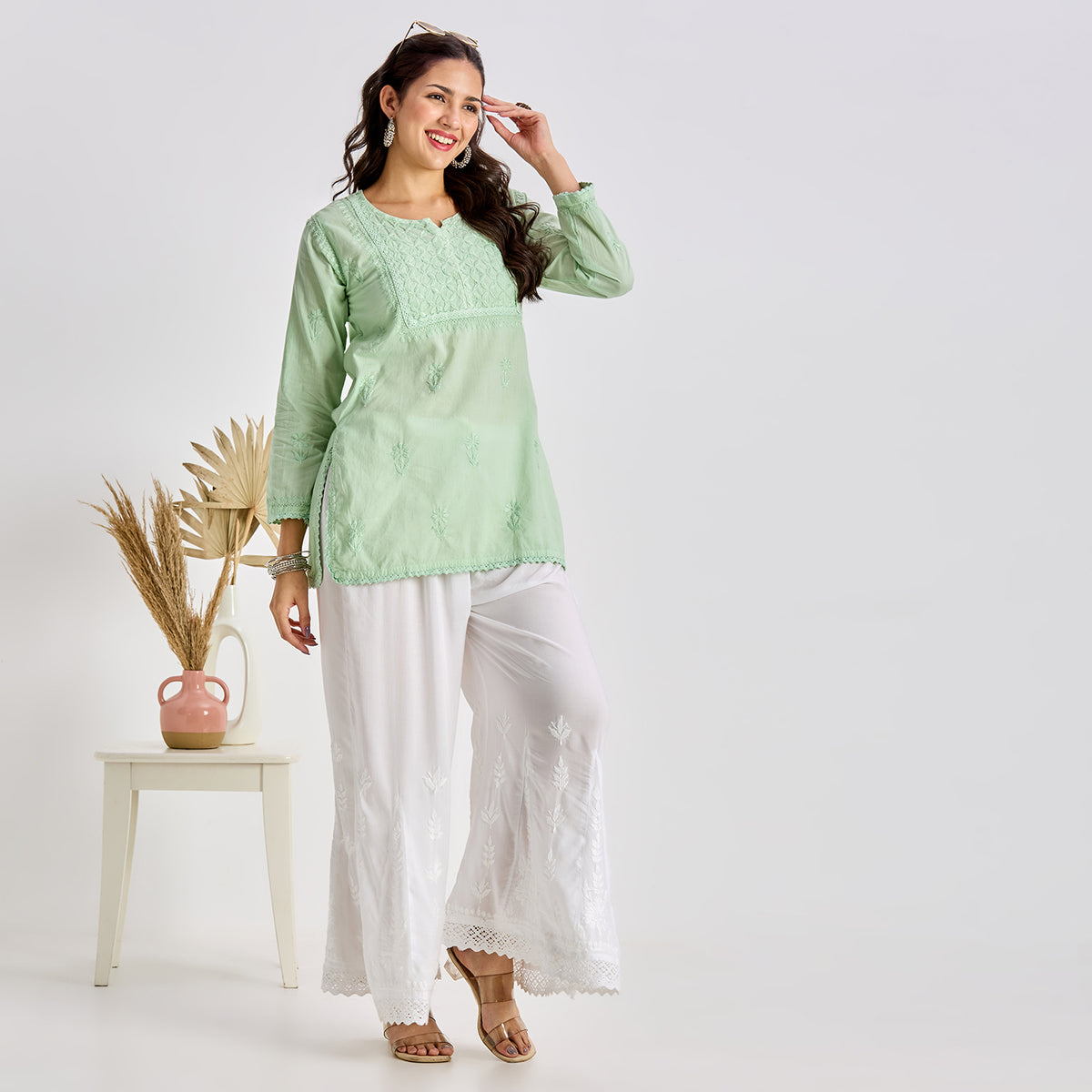Sobia Cotton Chikankari Short Top Green