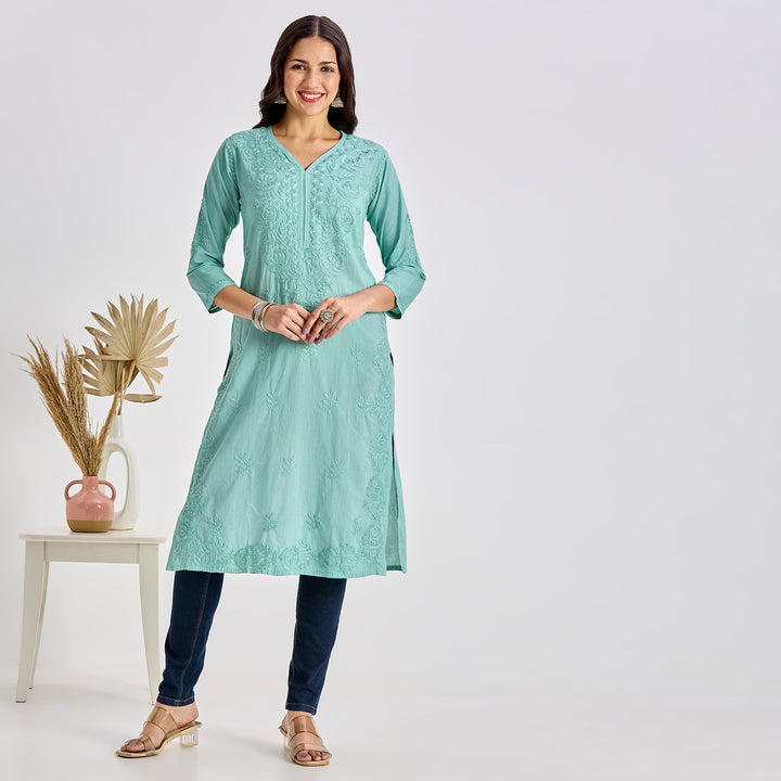 Aamna Cotton Chikankari Long Kurti