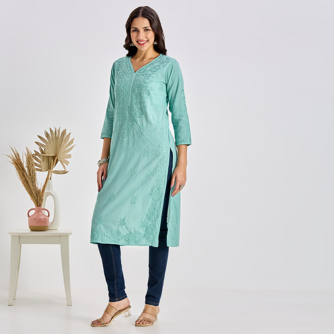 Aamna Cotton Chikankari Long Kurti