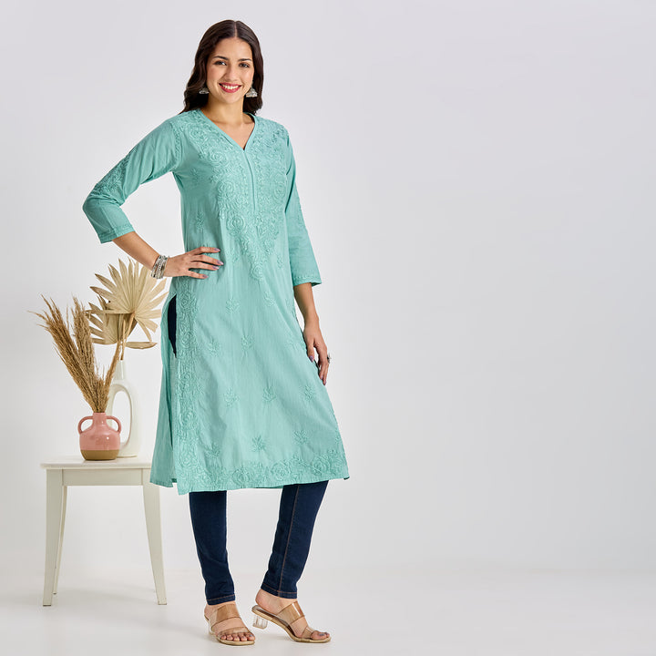 Aamna Cotton Chikankari Long Kurti
