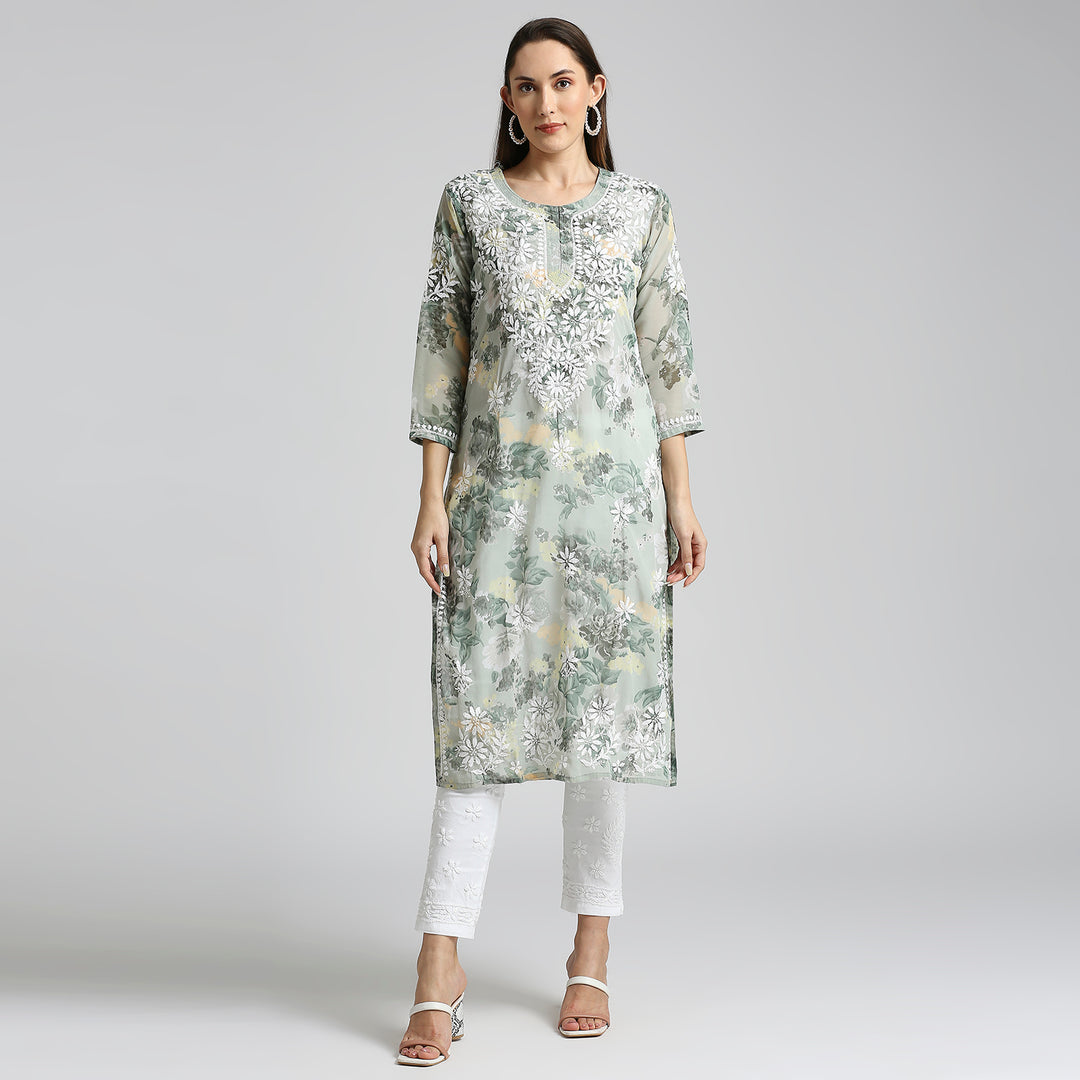 AMARA GEORGETTE CHIKANKARI PRINTED LONG KURTI