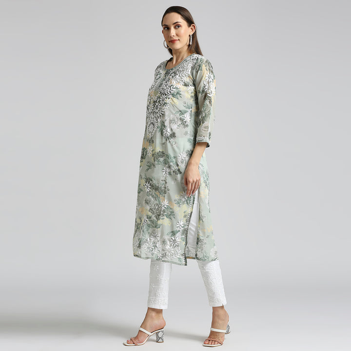 AMARA GEORGETTE CHIKANKARI PRINTED LONG KURTI