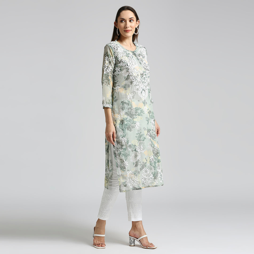 AMARA GEORGETTE CHIKANKARI PRINTED LONG KURTI