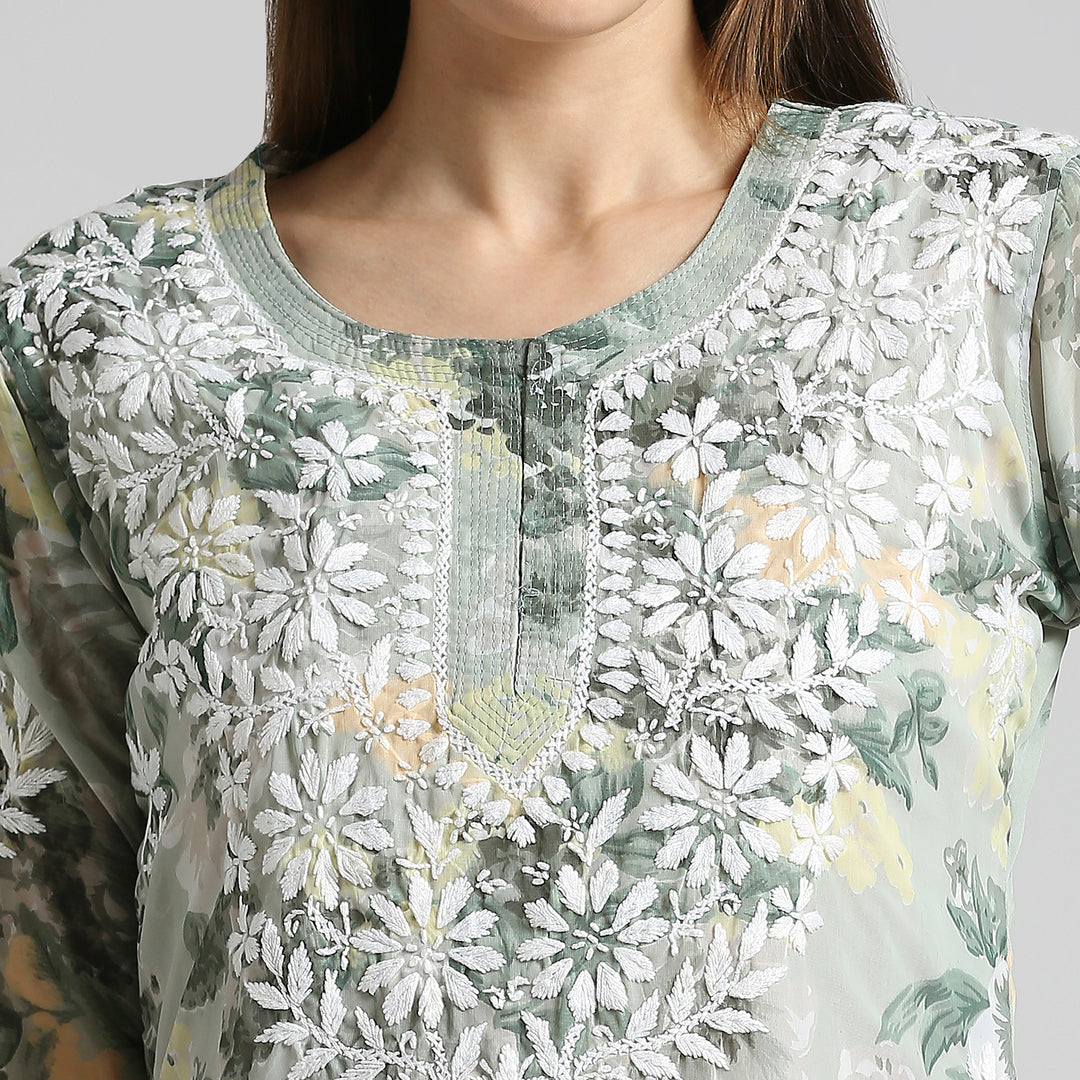 AMARA GEORGETTE CHIKANKARI PRINTED LONG KURTI