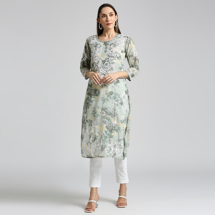 AMARA GEORGETTE CHIKANKARI PRINTED LONG KURTI