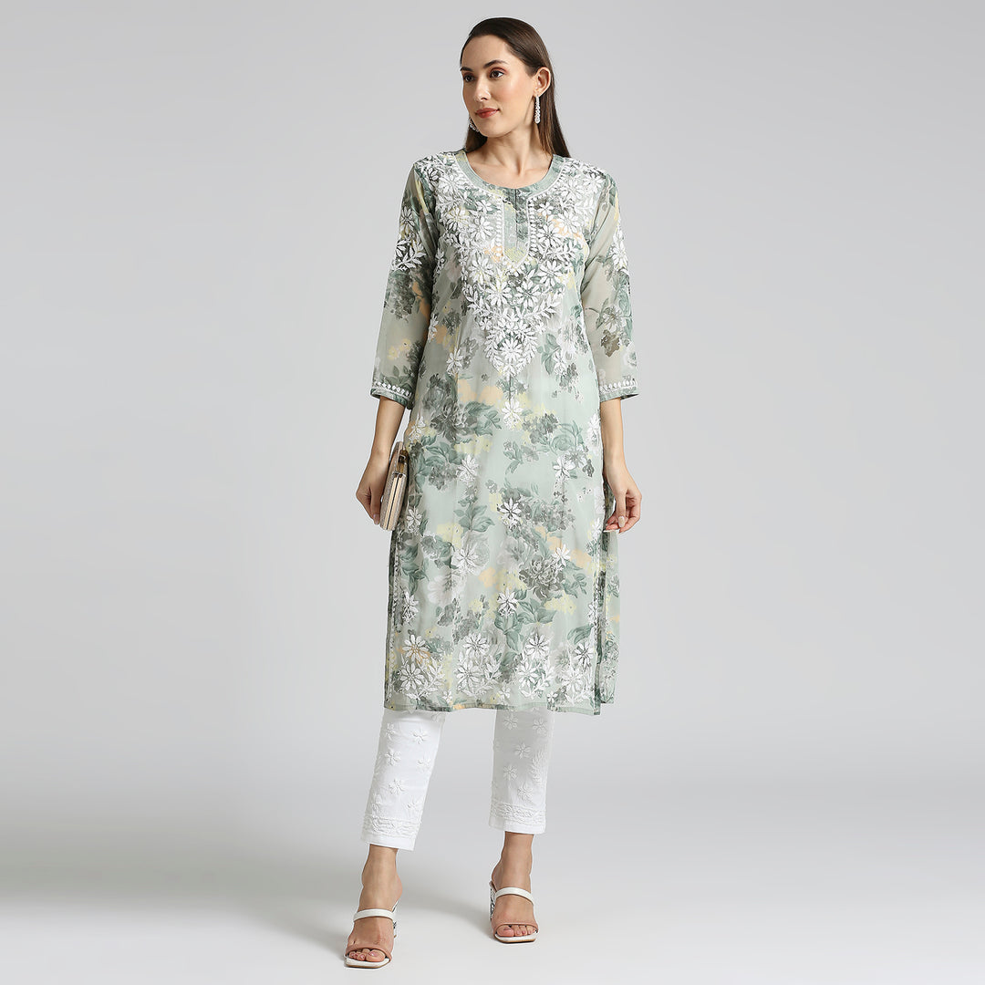 AMARA GEORGETTE CHIKANKARI PRINTED LONG KURTI