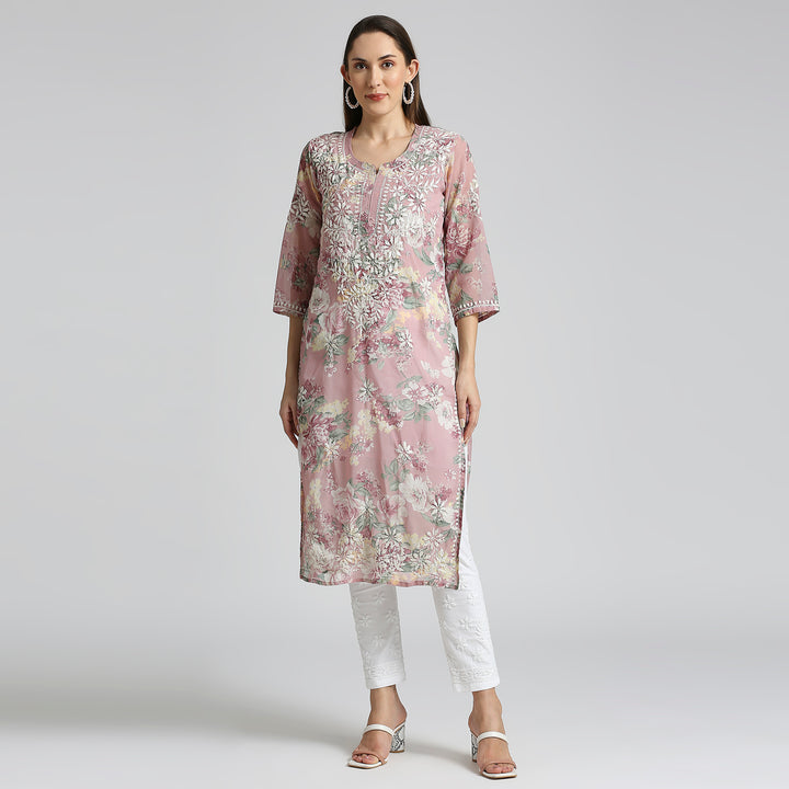 AMARA GEORGETTE CHIKANKARI PRINTED LONG KURTI