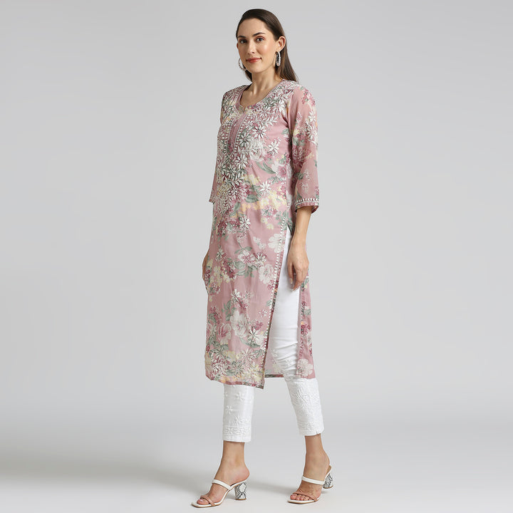 AMARA GEORGETTE CHIKANKARI PRINTED LONG KURTI