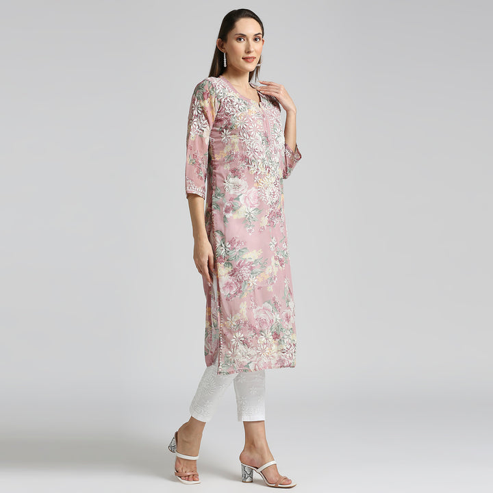 AMARA GEORGETTE CHIKANKARI PRINTED LONG KURTI