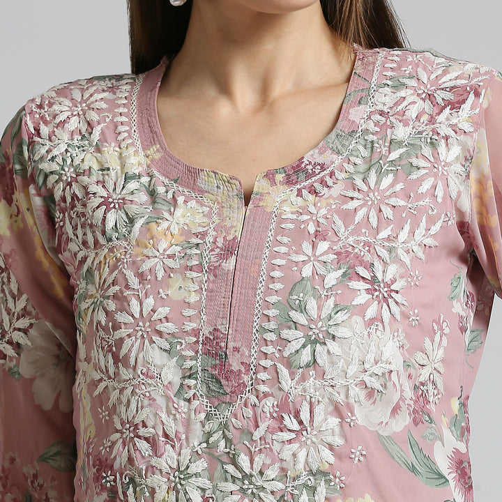 AMARA GEORGETTE CHIKANKARI PRINTED LONG KURTI