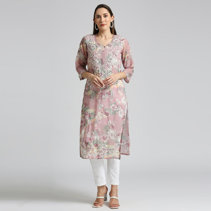 AMARA GEORGETTE CHIKANKARI PRINTED LONG KURTI