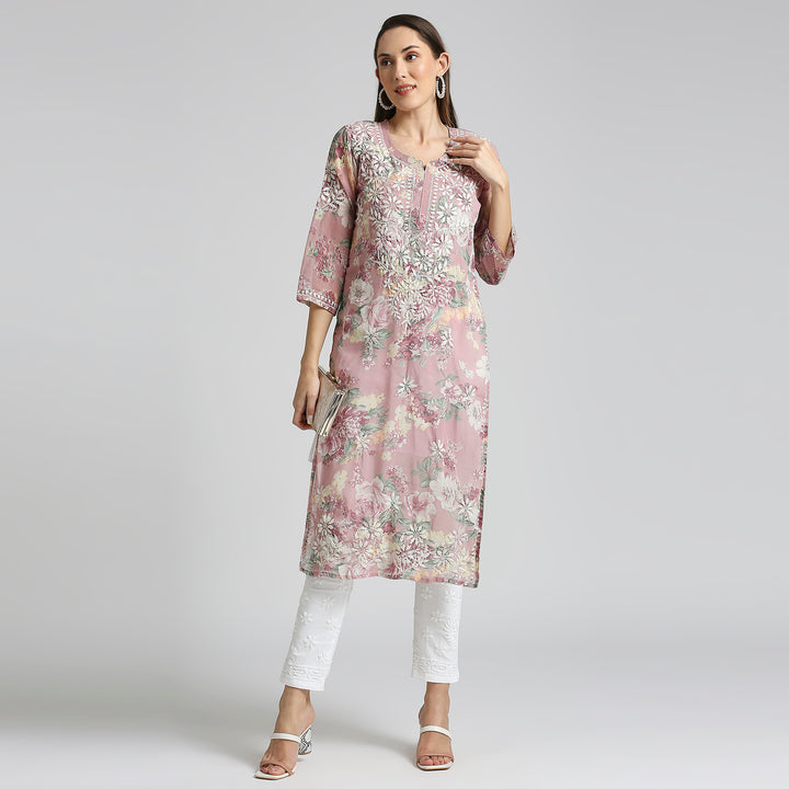 AMARA GEORGETTE CHIKANKARI PRINTED LONG KURTI