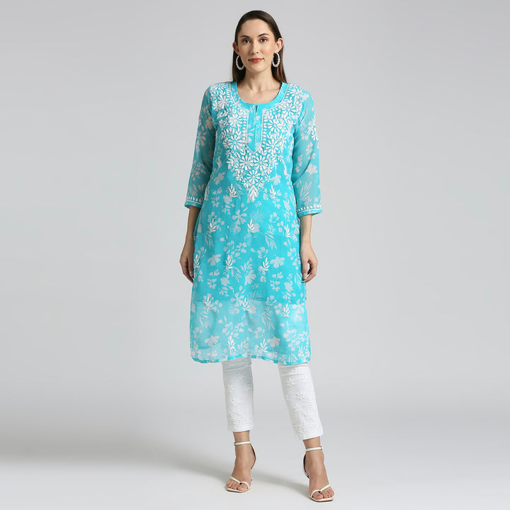 MUSKAN GEORGETTE CHIKANKARI PRINTED LONG KURTI