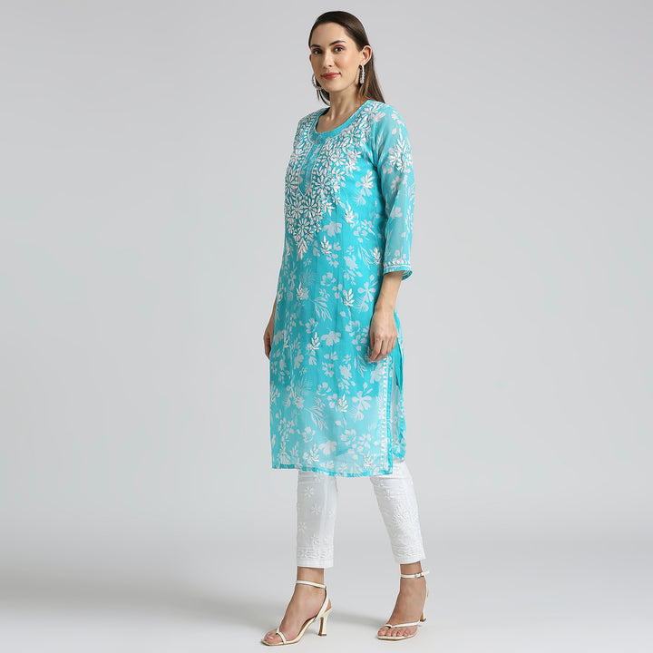 MUSKAN GEORGETTE CHIKANKARI PRINTED LONG KURTI