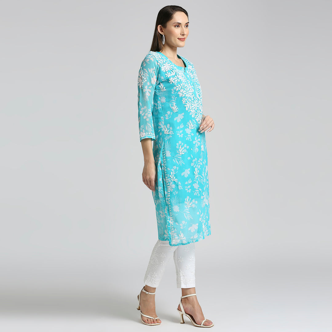 MUSKAN GEORGETTE CHIKANKARI PRINTED LONG KURTI