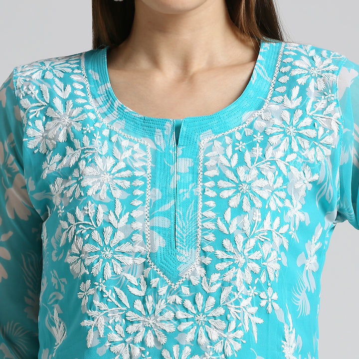 MUSKAN GEORGETTE CHIKANKARI PRINTED LONG KURTI