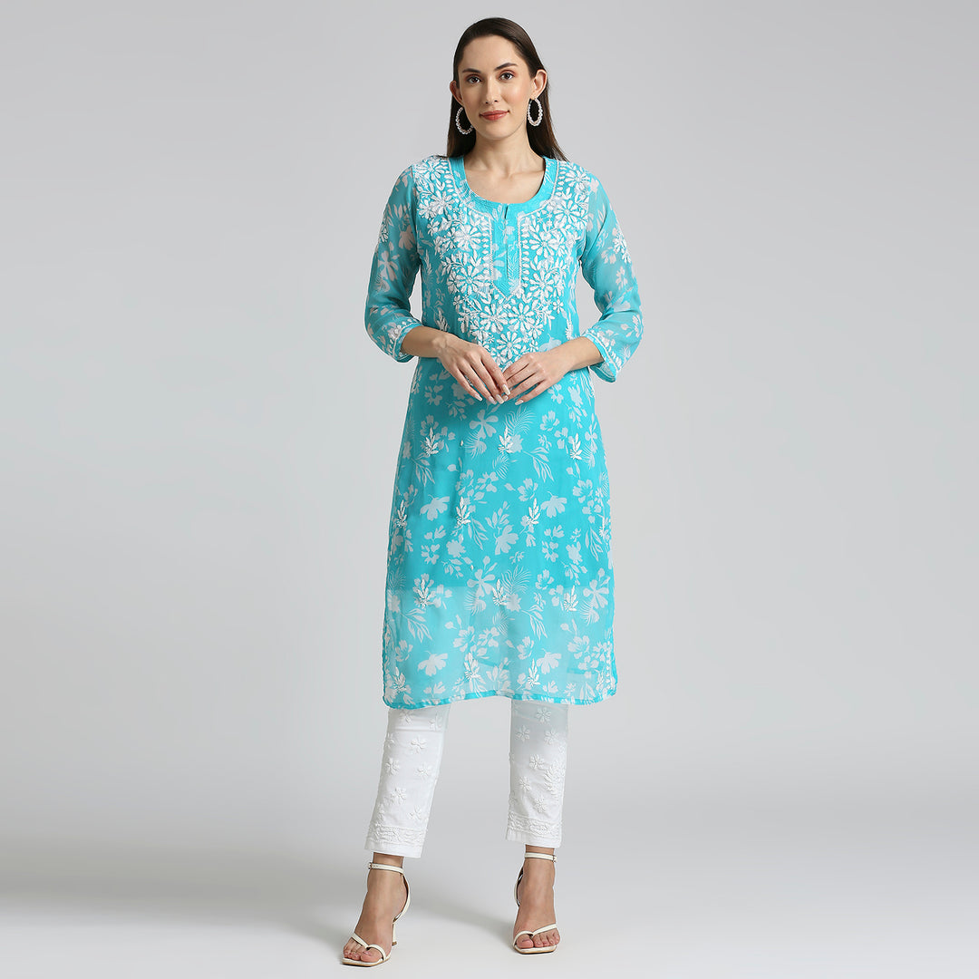 MUSKAN GEORGETTE CHIKANKARI PRINTED LONG KURTI