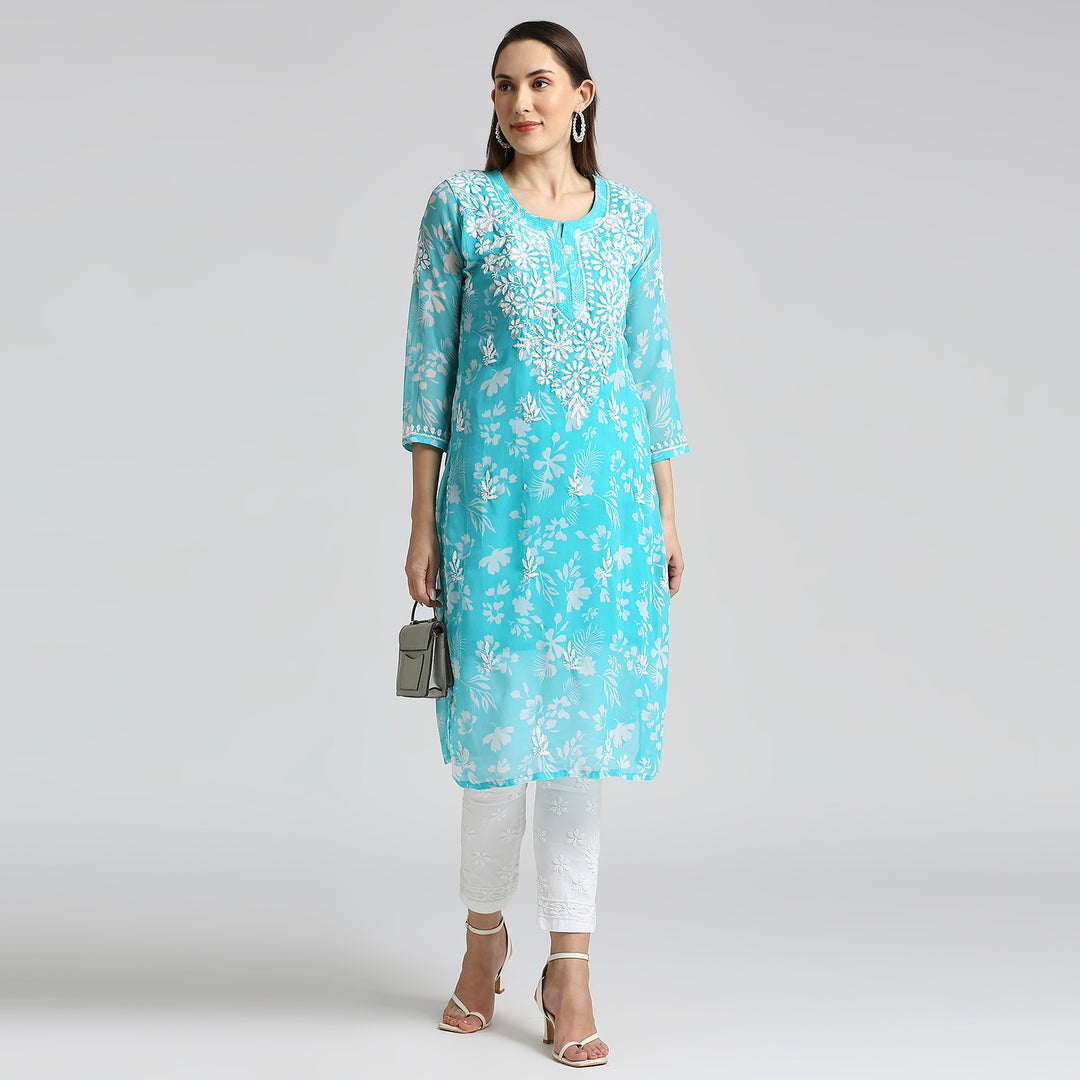 MUSKAN GEORGETTE CHIKANKARI PRINTED LONG KURTI