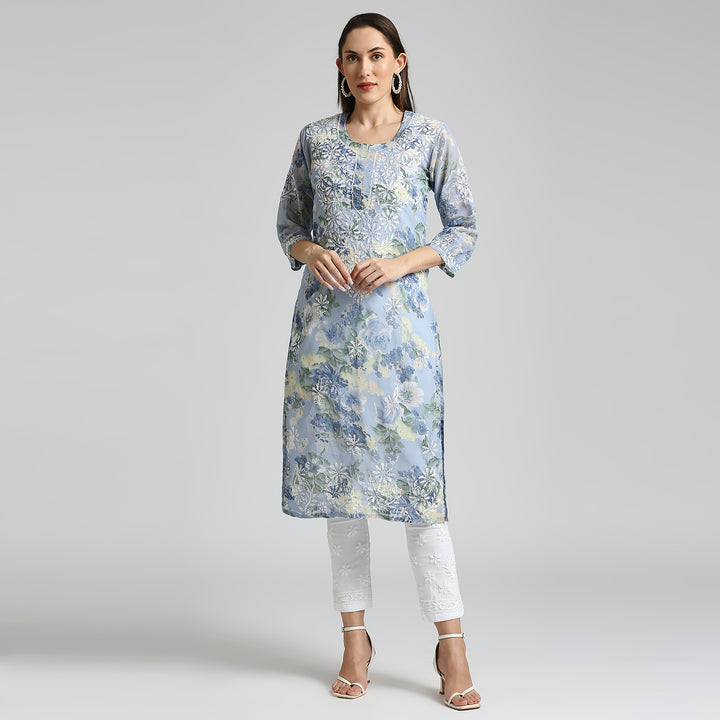 AMARA GEORGETTE CHIKANKARI PRINTED LONG KURTI