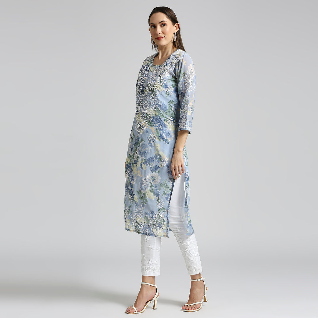 AMARA GEORGETTE CHIKANKARI PRINTED LONG KURTI