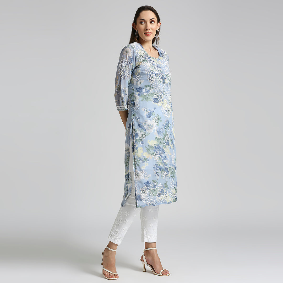 AMARA GEORGETTE CHIKANKARI PRINTED LONG KURTI