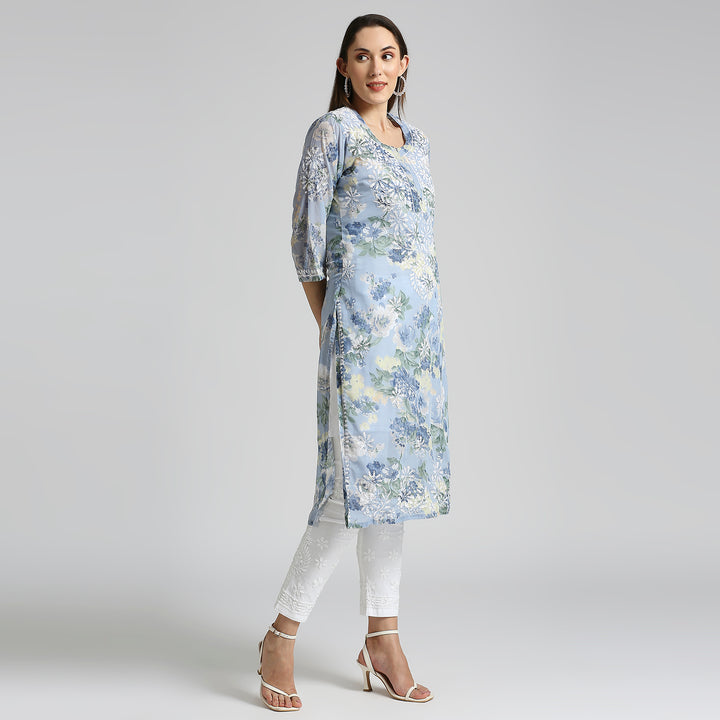 AMARA GEORGETTE CHIKANKARI PRINTED LONG KURTI