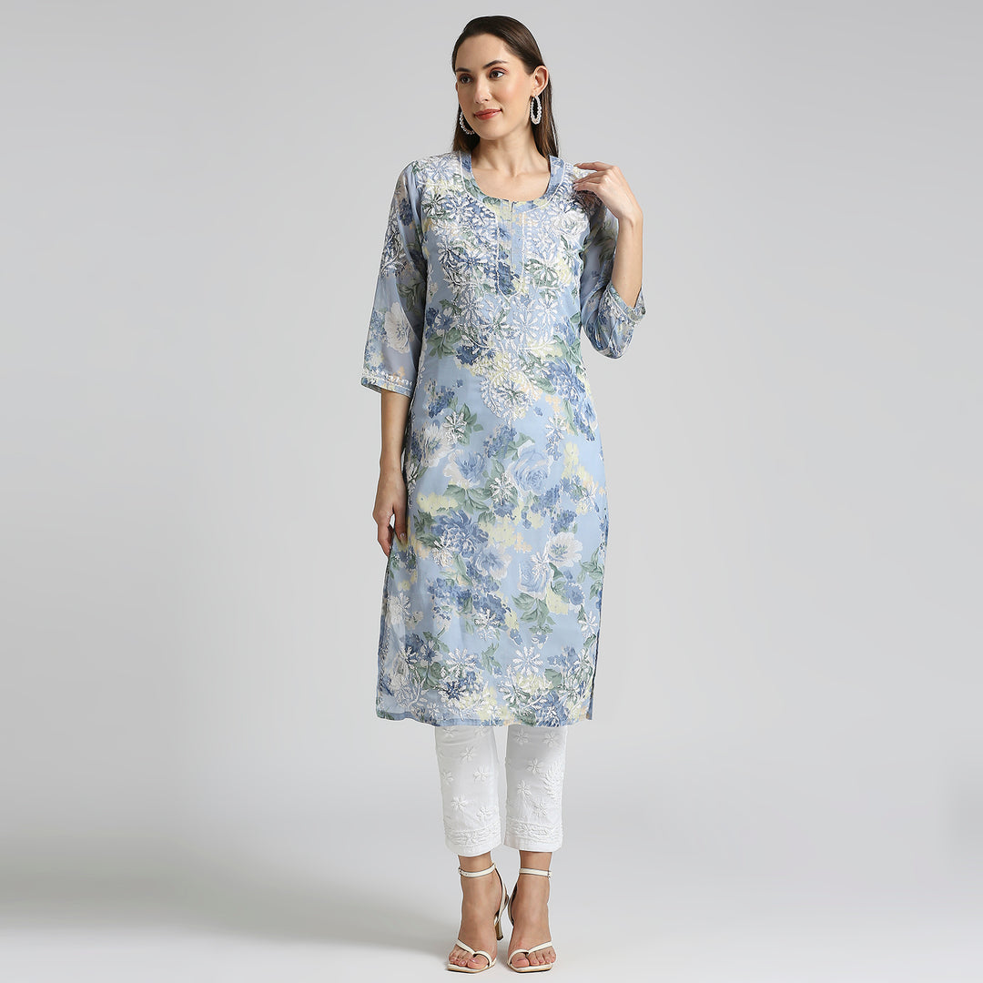 AMARA GEORGETTE CHIKANKARI PRINTED LONG KURTI