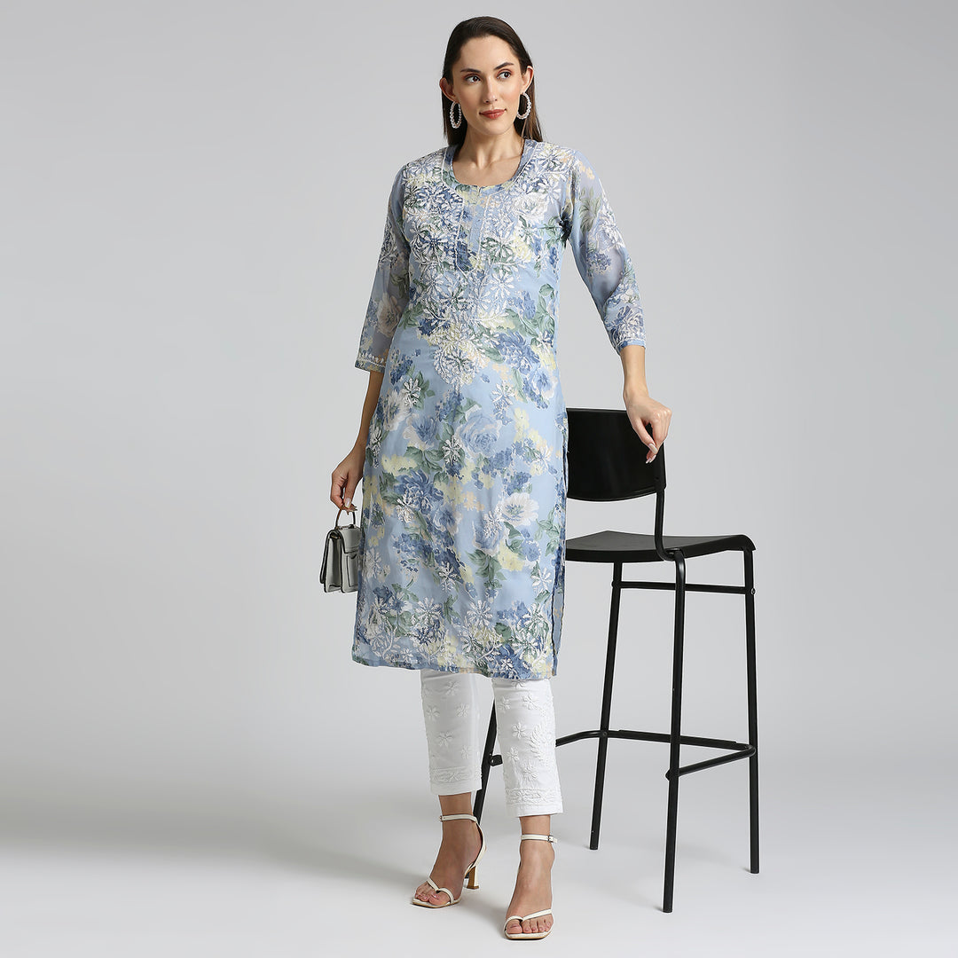 AMARA GEORGETTE CHIKANKARI PRINTED LONG KURTI