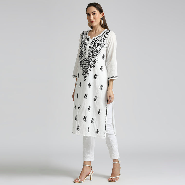 IQRA CHIKANKARI COTTON HIGHLIGHT WHITE KURTI