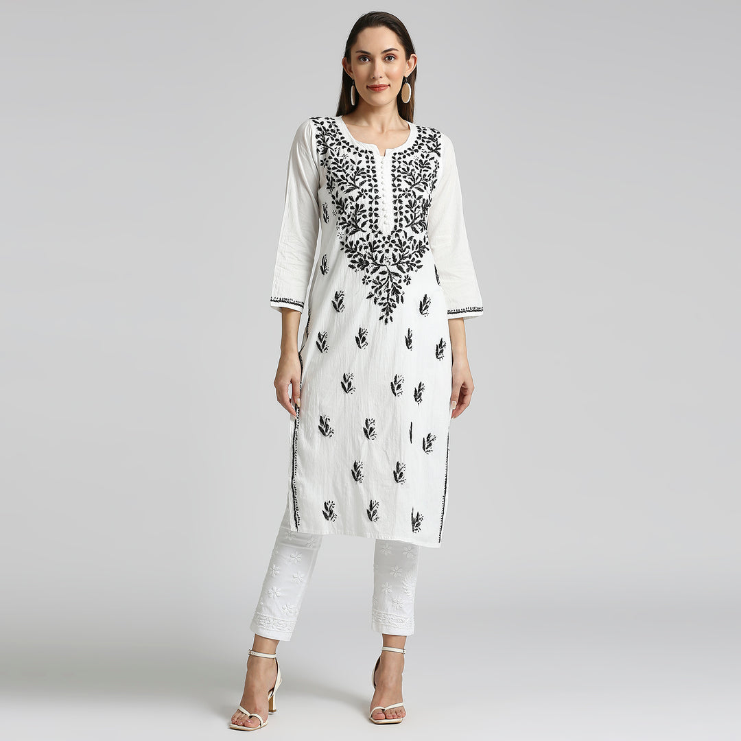 IQRA CHIKANKARI COTTON HIGHLIGHT WHITE KURTI