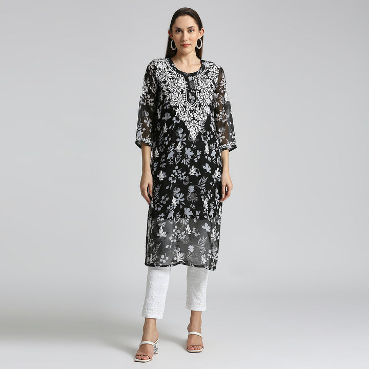 MUSKAN GEORGETTE CHIKANKARI PRINTED KURTI