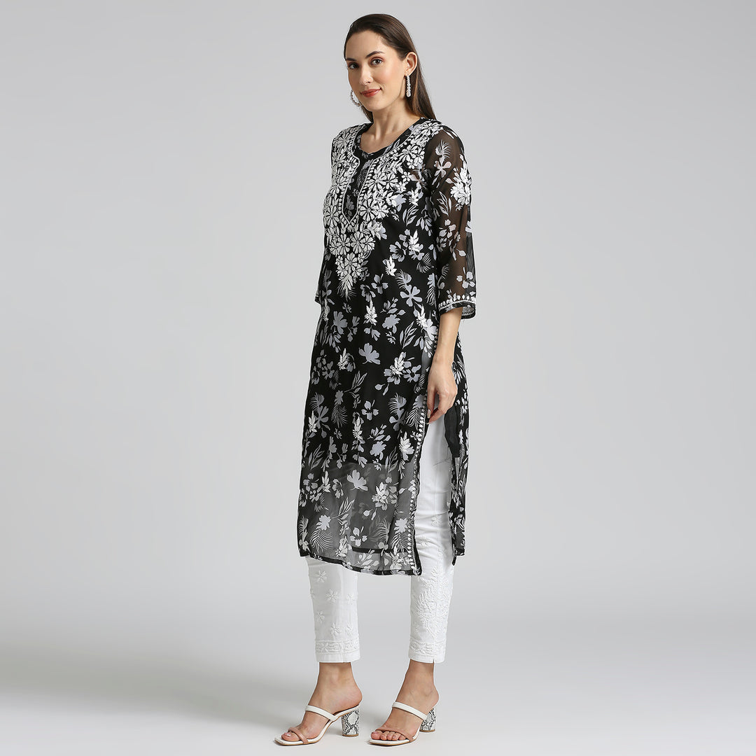 MUSKAN GEORGETTE CHIKANKARI PRINTED KURTI