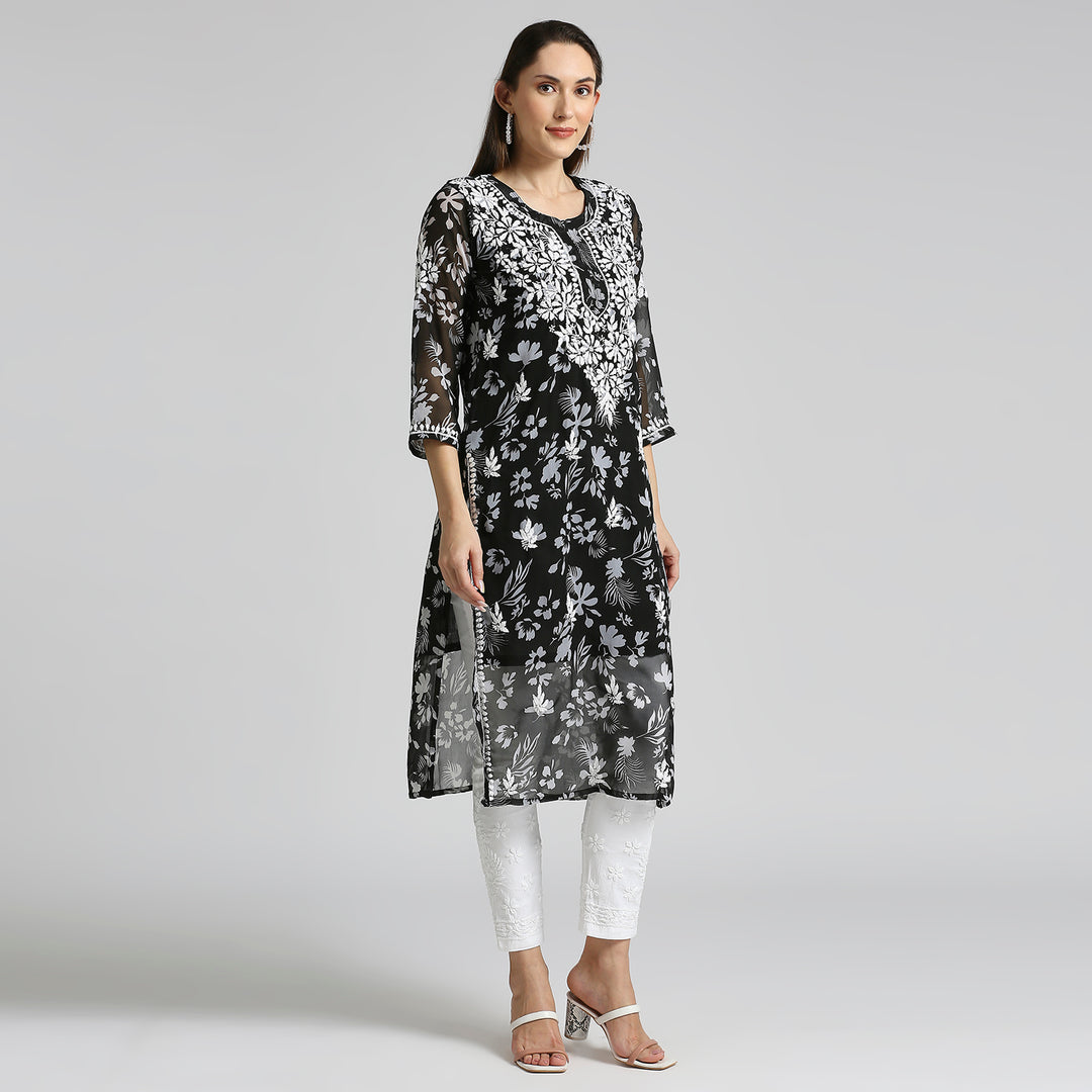 MUSKAN GEORGETTE CHIKANKARI PRINTED KURTI