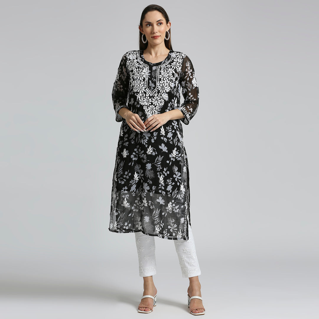 MUSKAN GEORGETTE CHIKANKARI PRINTED KURTI