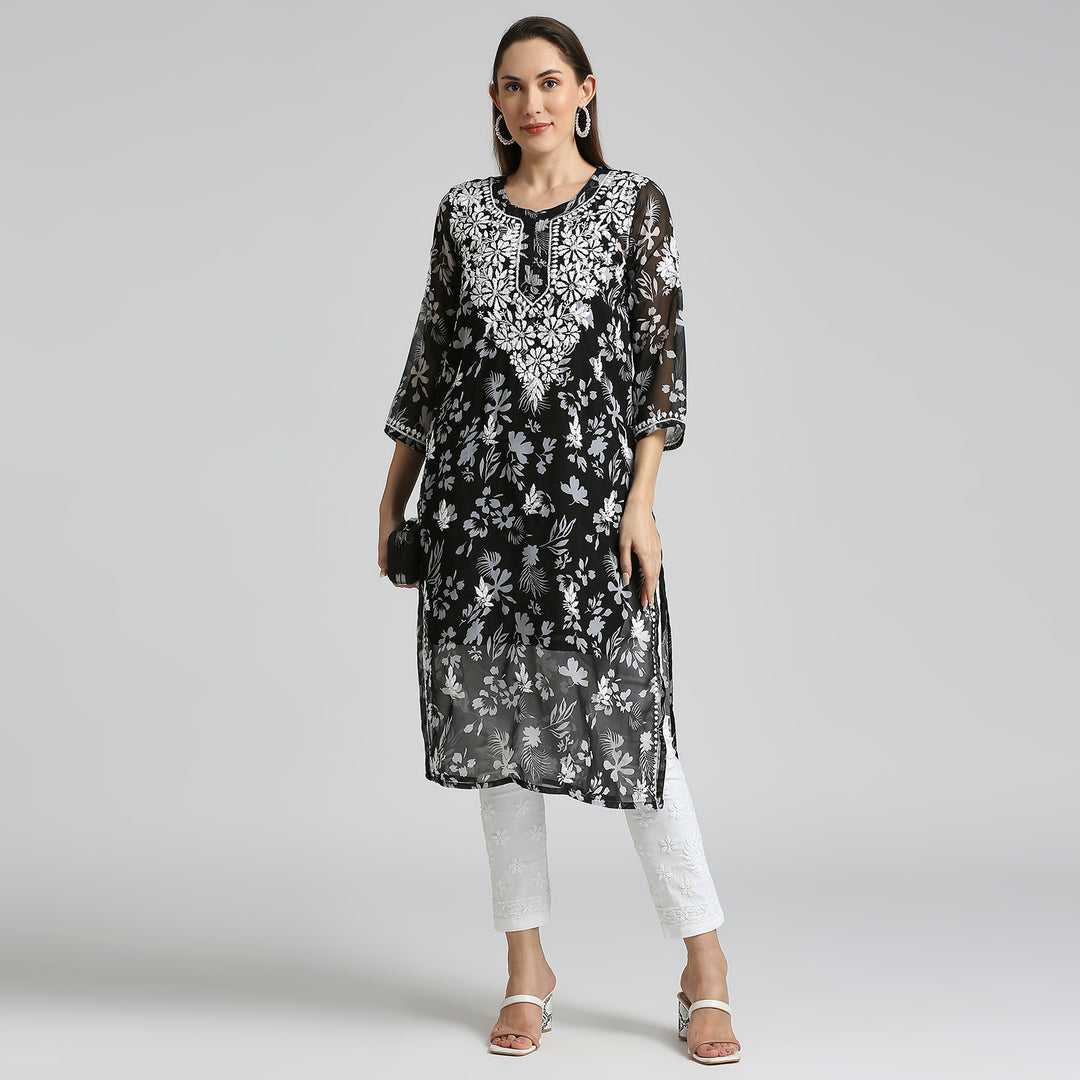 MUSKAN GEORGETTE CHIKANKARI PRINTED KURTI